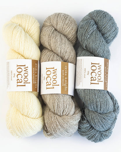 Three skeins of yarn in beige, brown, and gray with 'wool local' labels on a white background.