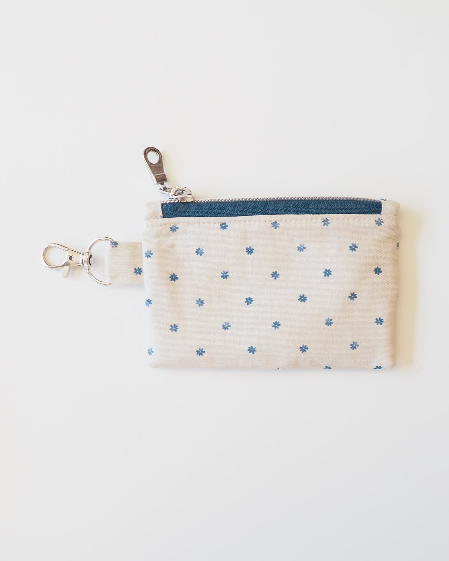 Small pouch with blue polka dots on a white background