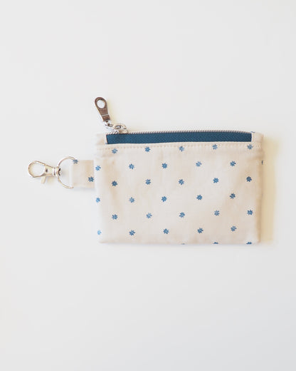 Small pouch with blue polka dots on a white background