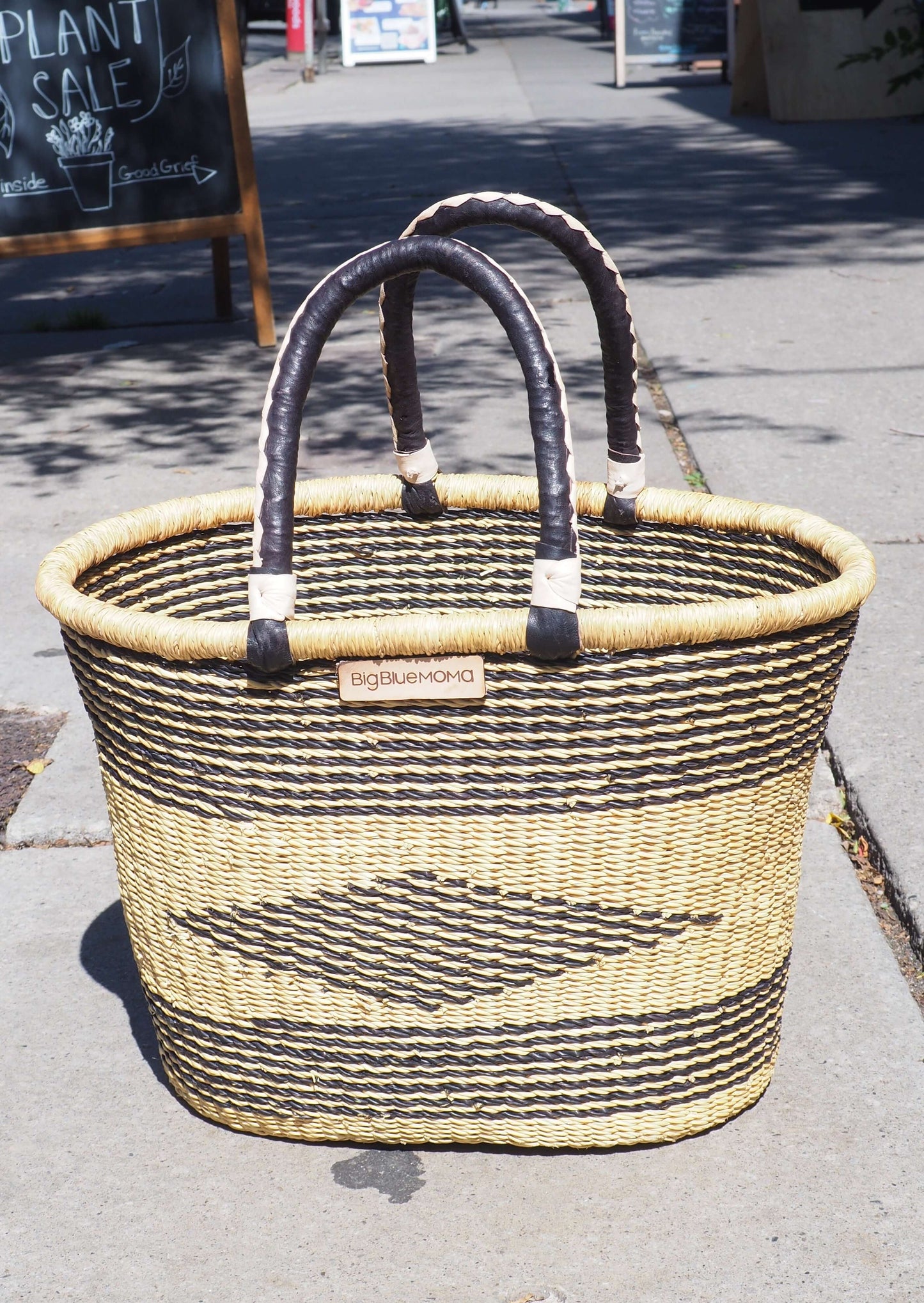 Big Blue Moma: Large Tulip Shape with Handle - Handwoven Baskets from Ghana