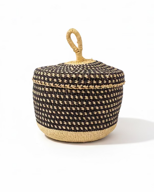 Big Blue Moma: Single Weave Mini Lidded Pot - Handwoven Baskets from Ghana