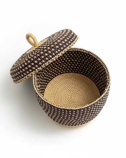 Big Blue Moma: Single Weave Mini Lidded Pot - Handwoven Baskets from Ghana