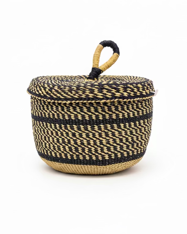 Big Blue Moma: Single Weave Mini Lidded Pot - Handwoven Baskets from Ghana