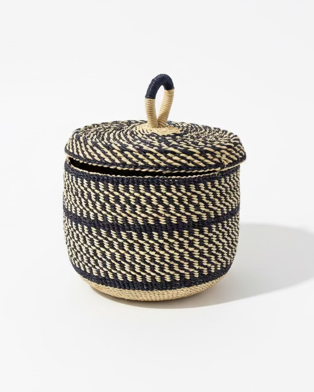 Big Blue Moma: Single Weave Mini Lidded Pot - Handwoven Baskets from Ghana