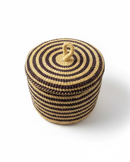 Big Blue Moma: Single Weave Mini Lidded Pot - Handwoven Baskets from Ghana