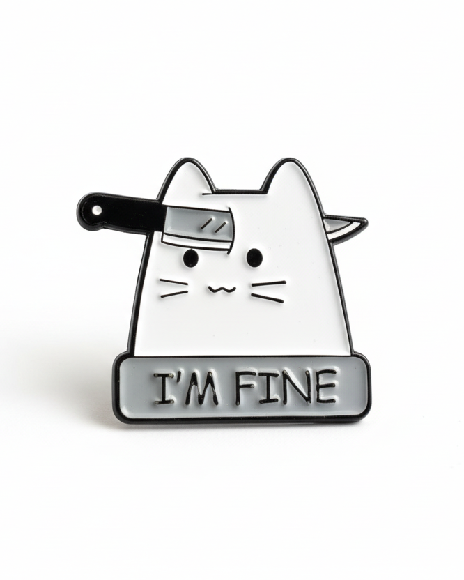 Enamel pin with a cat design holding a knife and 'I'm Fine' sign on a white background