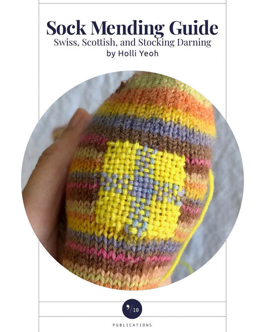 Book cover of 'Sock Mending Guide' with a colorful knitted sock and hand holding it.
