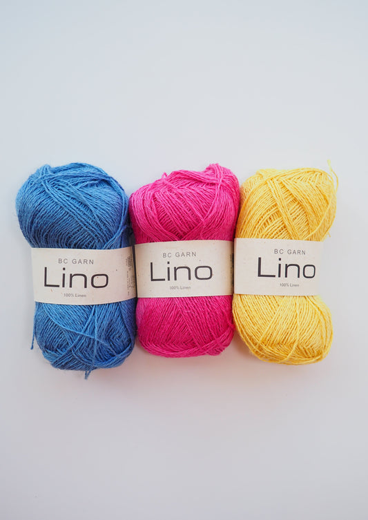Image showcasing BC Garn Lino yarn, a 100% linen yarn in a DK weight. This breathable yarn is perfect for summer knits and offers a beautiful drape when worked up. Available in a variety of lovely colors.