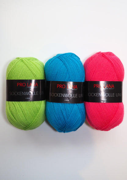 Pro Lana Yarns Sockenwolle Uni - Three Balls of Versatile Classic Colors: Perfect for classic socks, budget-friendly sweaters, and baby items. Content: 75% Superwash Wool, 25% Polyamide. Available at Good Grief Yarn.
