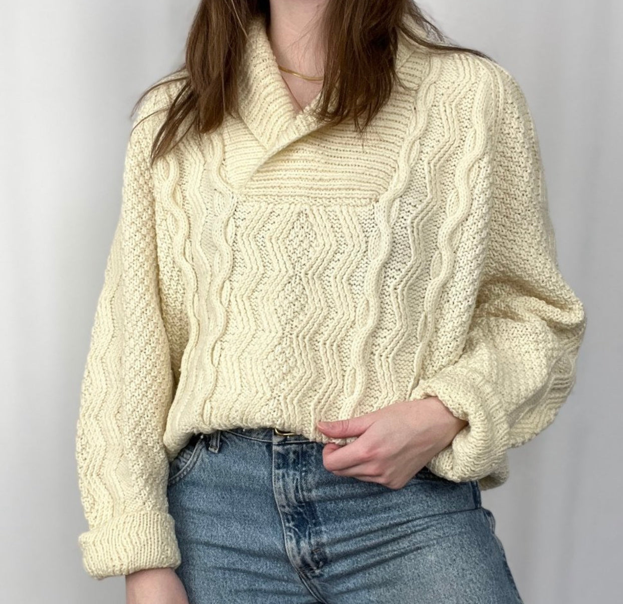 Cream Vintage Aran Cableknit Wool Sweater with Cowl Collar V-Neckline | Handmade | Soft & Warm | S-XL Size | 25% OFF